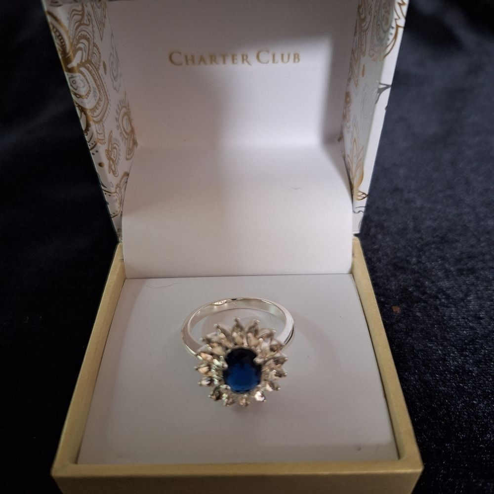 Charter Club Silver-Tone Cubic Zirconia Sunburst Statement Ring Size 10